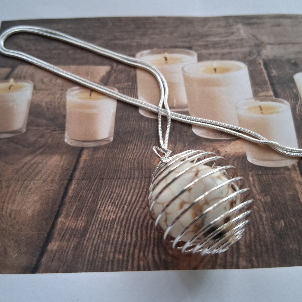 Silver Cage Pendant Necklace with White Marbled Stone